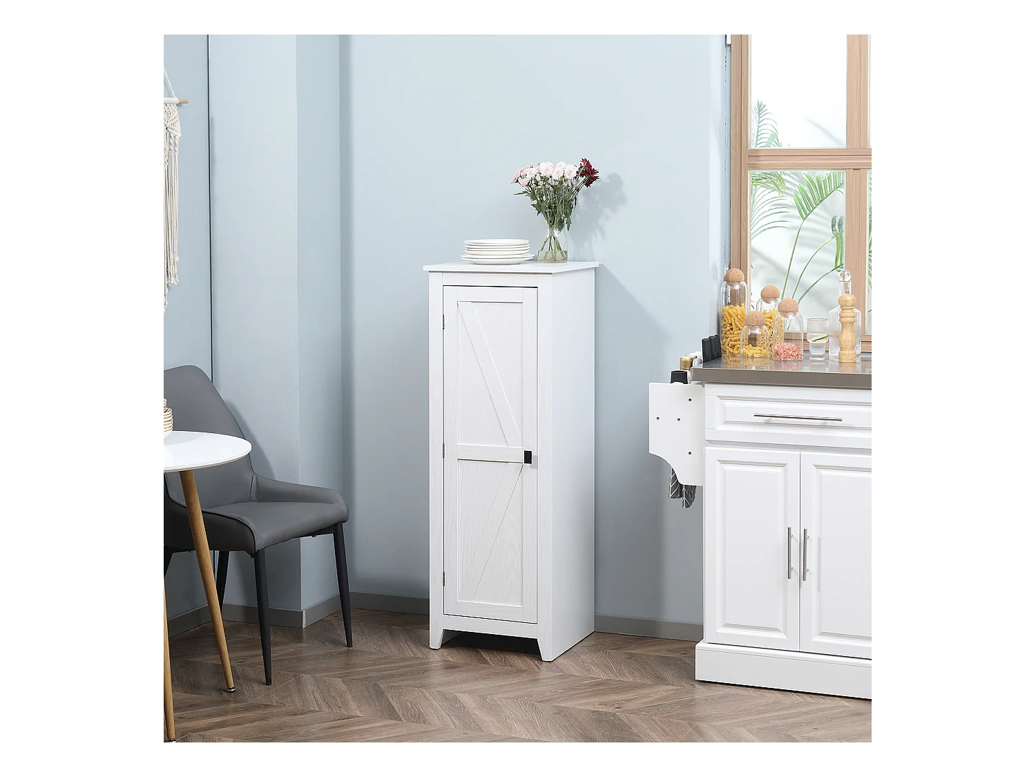 Armoire de cuisine style campagne chic porte 3 étagères réglables - dim. 43L x 40l x 121H cm - MDF blanc