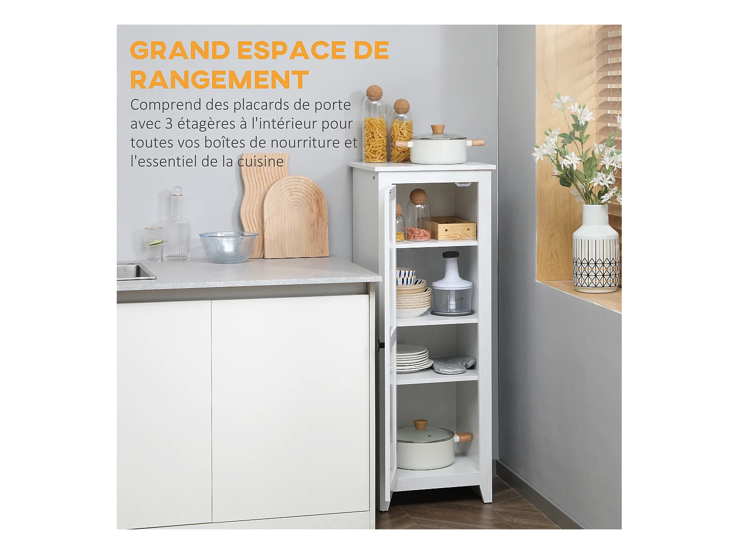 Armoire de cuisine style campagne chic porte 3 étagères réglables - dim. 43L x 40l x 121H cm - MDF blanc