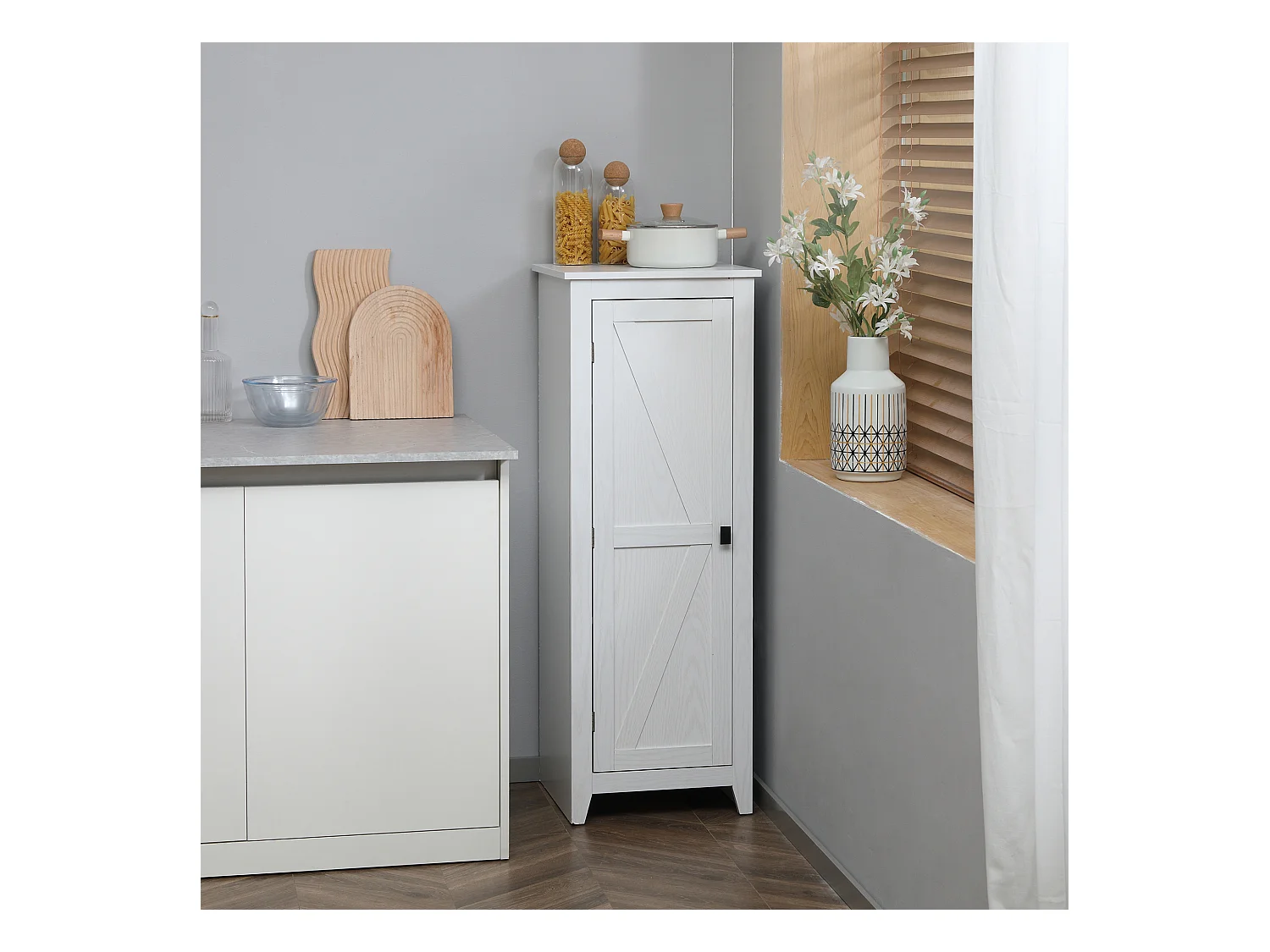 Armoire de cuisine style campagne chic porte 3 étagères réglables - dim. 43L x 40l x 121H cm - MDF blanc