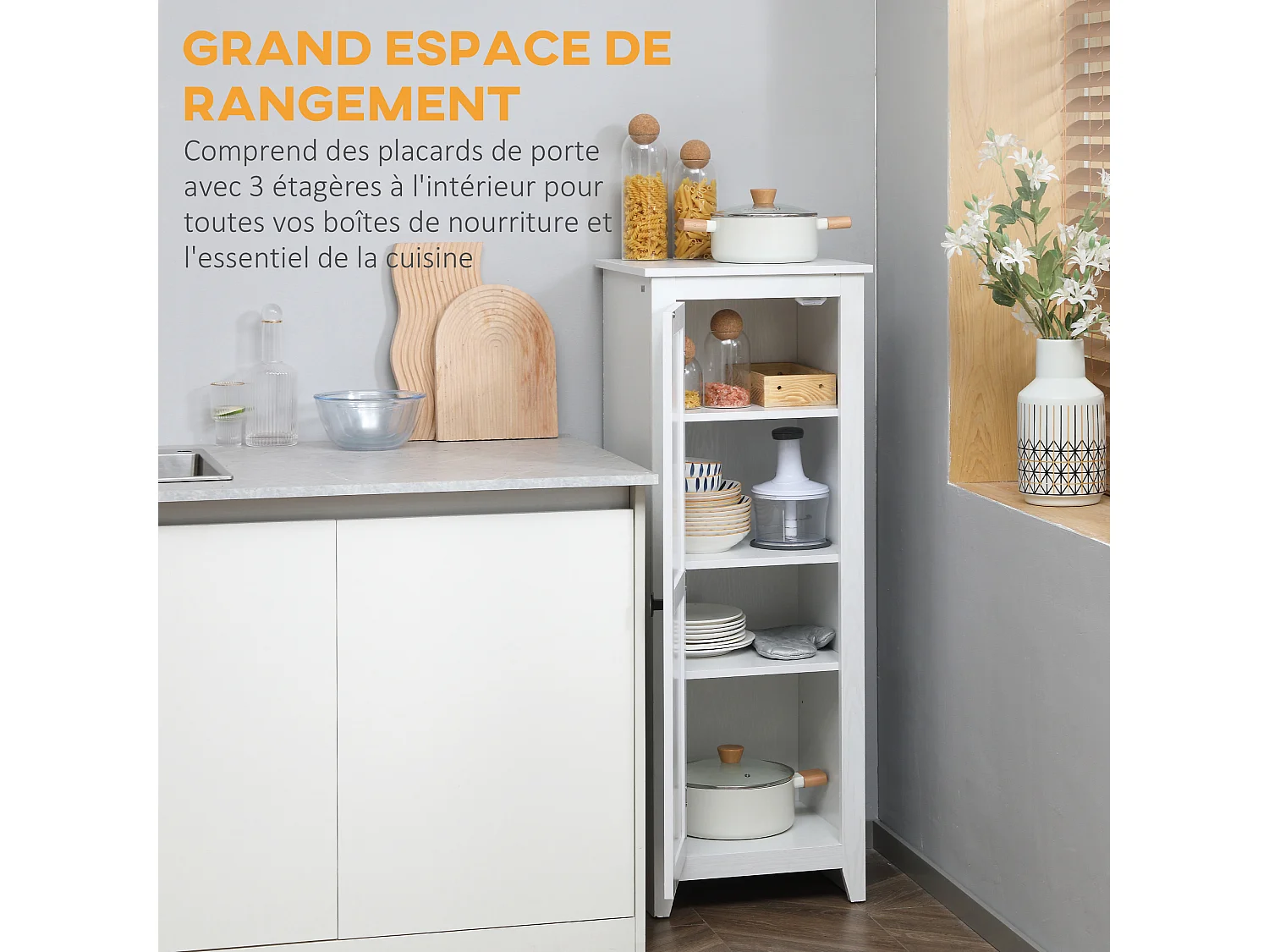 Armoire de cuisine style campagne chic porte 3 étagères réglables - dim. 43L x 40l x 121H cm - MDF blanc