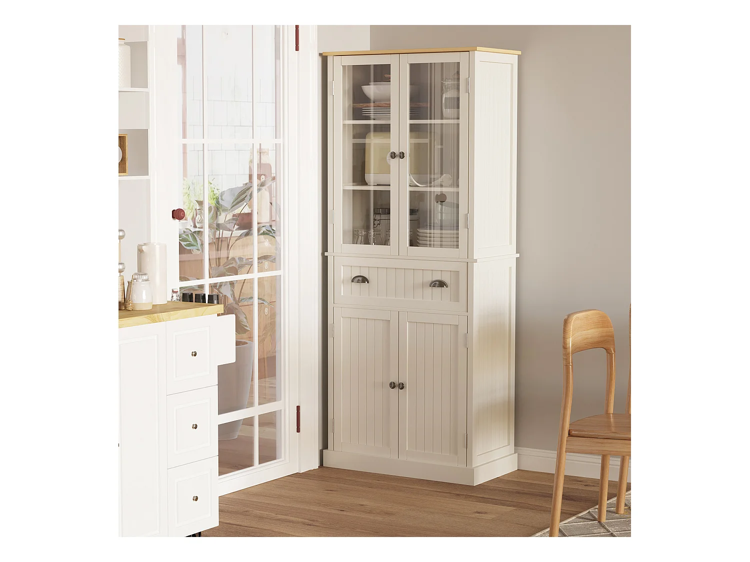 Armoire de cuisine buffet haut 4 portes grand tiroir coulissant dim. 76L x 40l x 182H cm panneaux crème verre