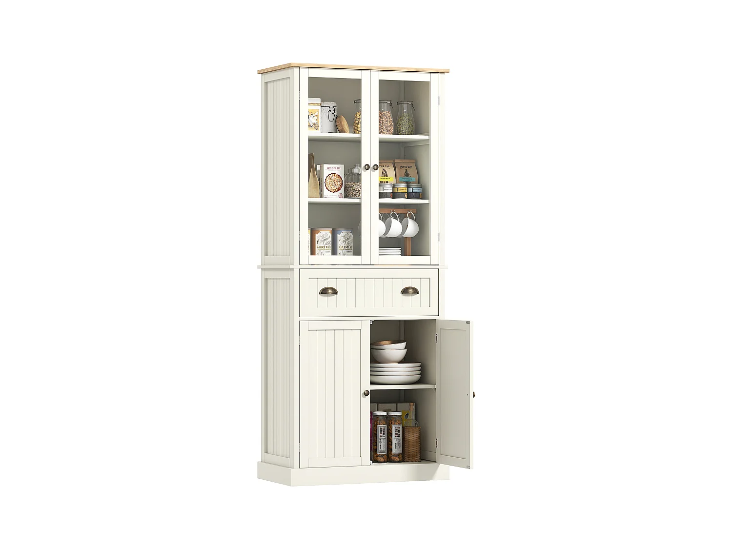 Armoire de cuisine buffet haut 4 portes grand tiroir coulissant dim. 76L x 40l x 182H cm panneaux crème verre