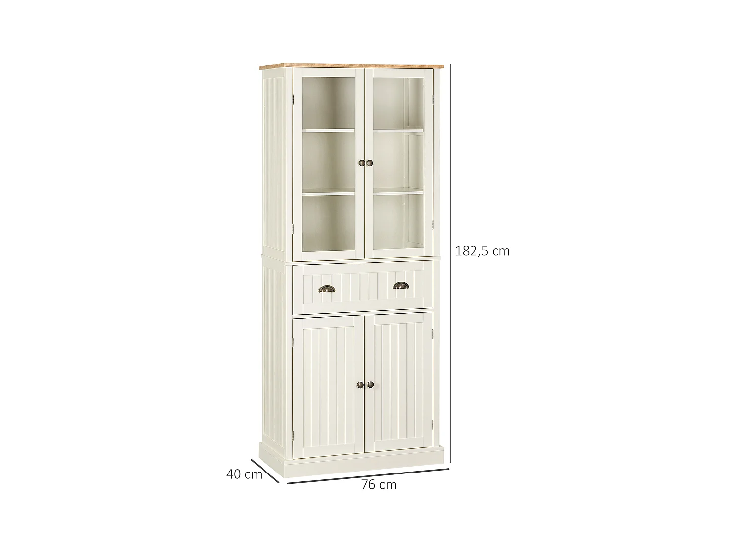Armoire de cuisine buffet haut 4 portes grand tiroir coulissant dim. 76L x 40l x 182H cm panneaux crème verre