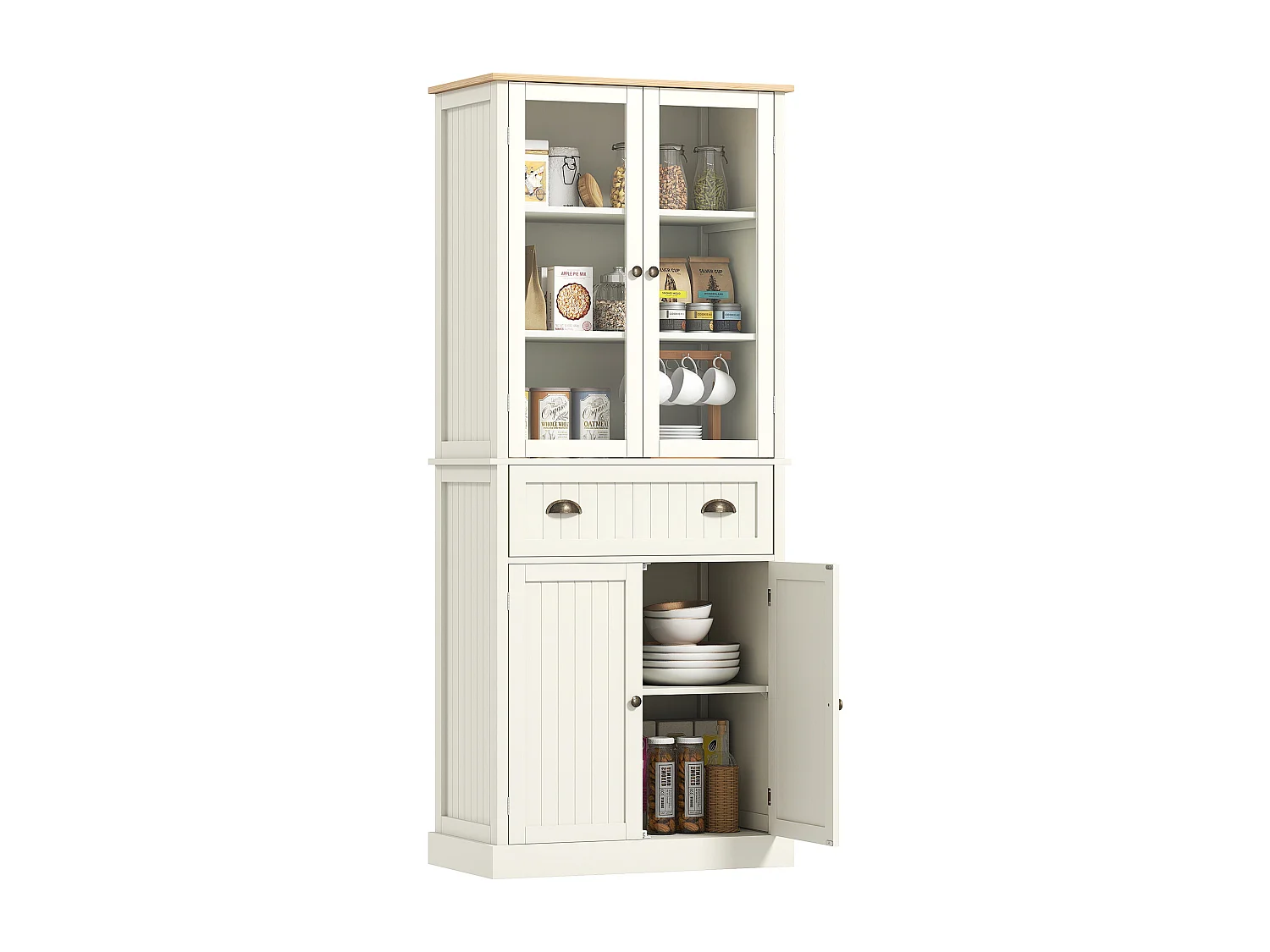 Armoire de cuisine buffet haut 4 portes grand tiroir coulissant dim. 76L x 40l x 182H cm panneaux crème verre