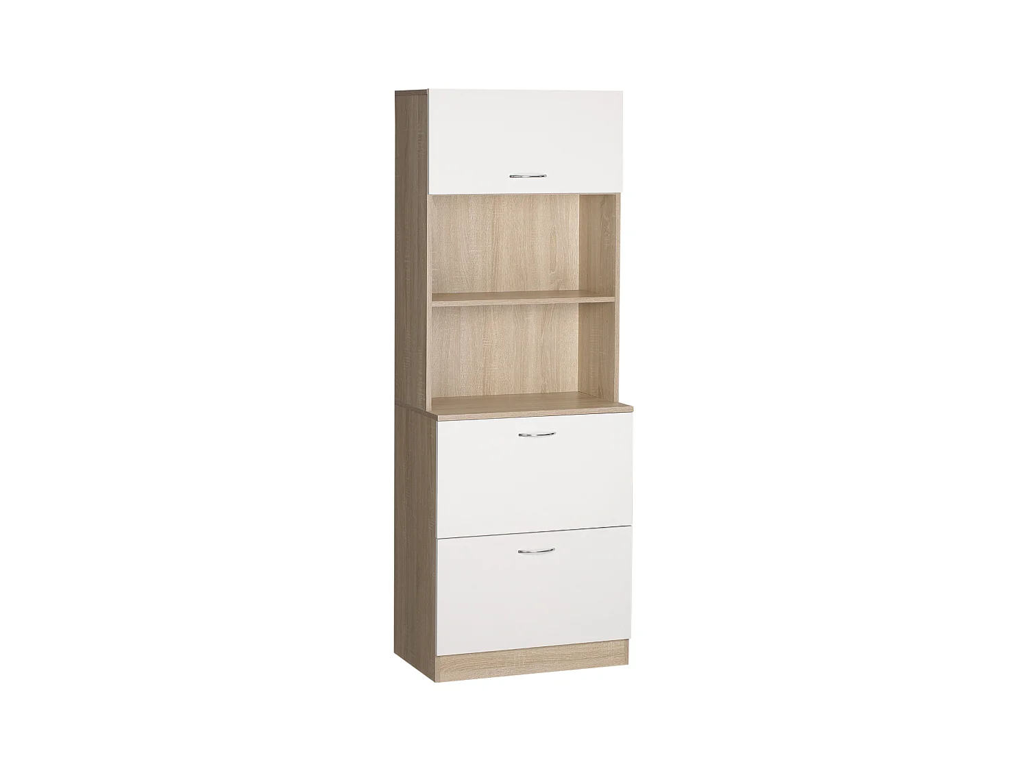 Buffet haut - armoire de cuisine - 2 tiroirs coulissants, placard haut porte relevable, niche, plateau - aspect bois clair blanc