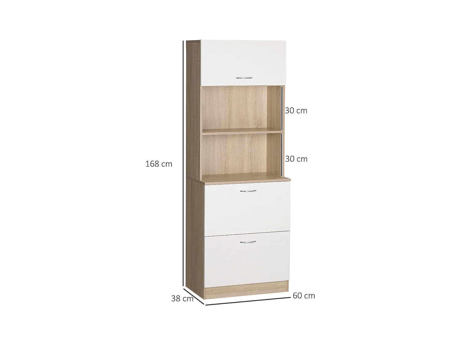 Buffet haut - armoire de cuisine - 2 tiroirs coulissants, placard haut porte relevable, niche, plateau - aspect bois clair blanc