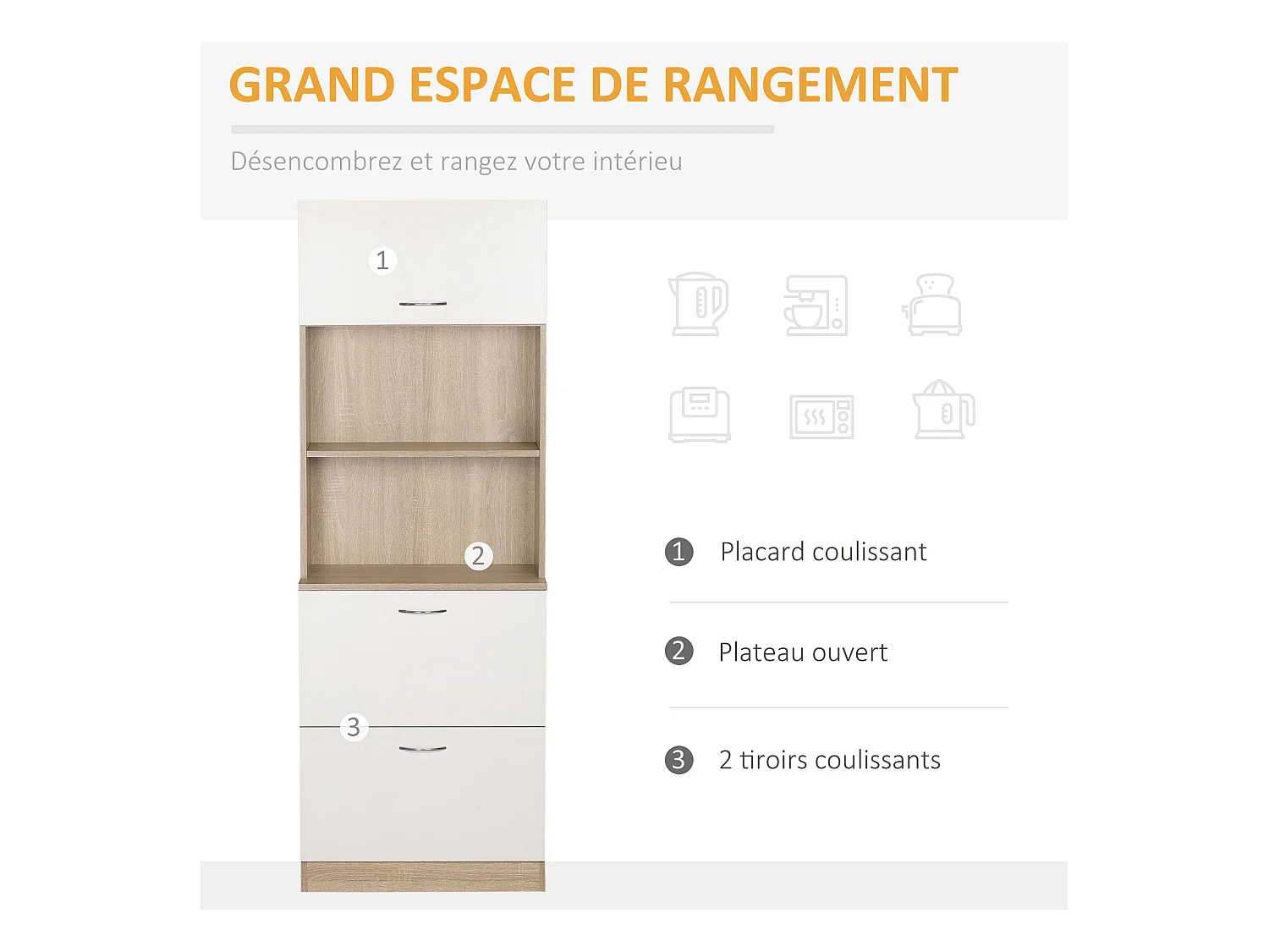 Buffet haut - armoire de cuisine - 2 tiroirs coulissants, placard haut porte relevable, niche, plateau - aspect bois clair blanc
