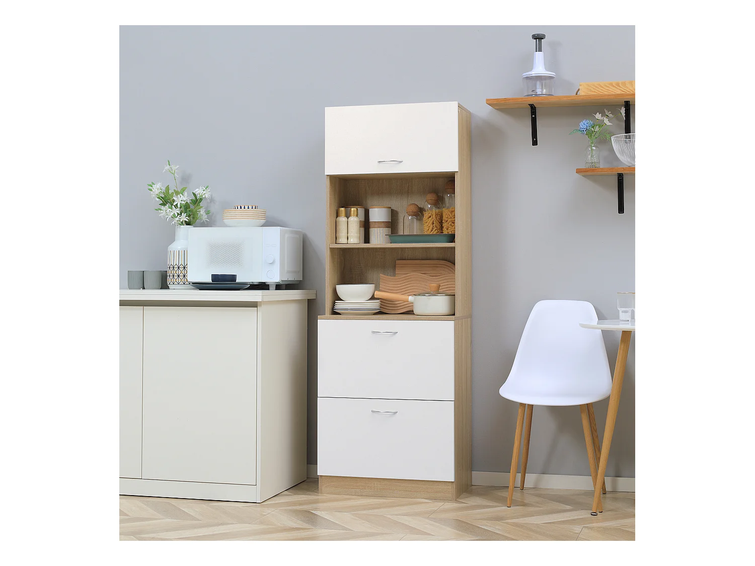 Buffet haut - armoire de cuisine - 2 tiroirs coulissants, placard haut porte relevable, niche, plateau - aspect bois clair blanc