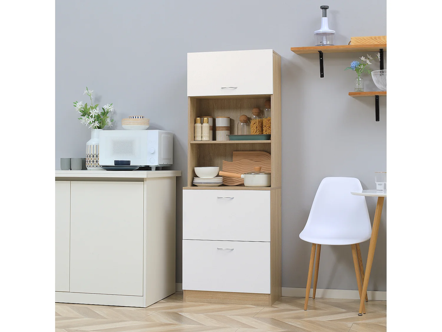 Buffet haut - armoire de cuisine - 2 tiroirs coulissants, placard haut porte relevable, niche, plateau - aspect bois clair blanc