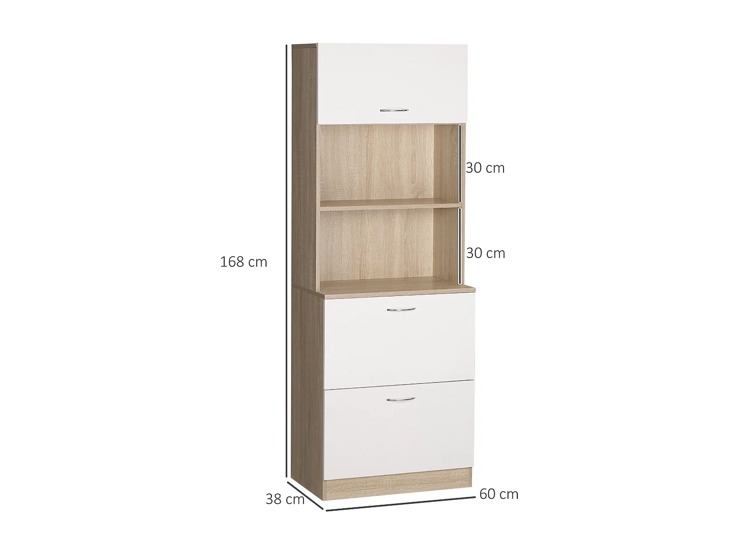 Buffet haut - armoire de cuisine - 2 tiroirs coulissants, placard haut porte relevable, niche, plateau - aspect bois clair blanc