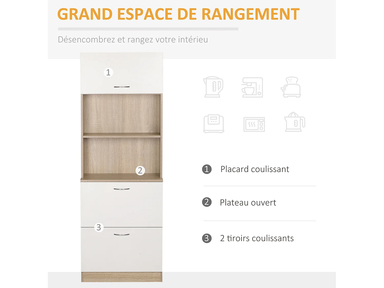 Buffet haut - armoire de cuisine - 2 tiroirs coulissants, placard haut porte relevable, niche, plateau - aspect bois clair blanc