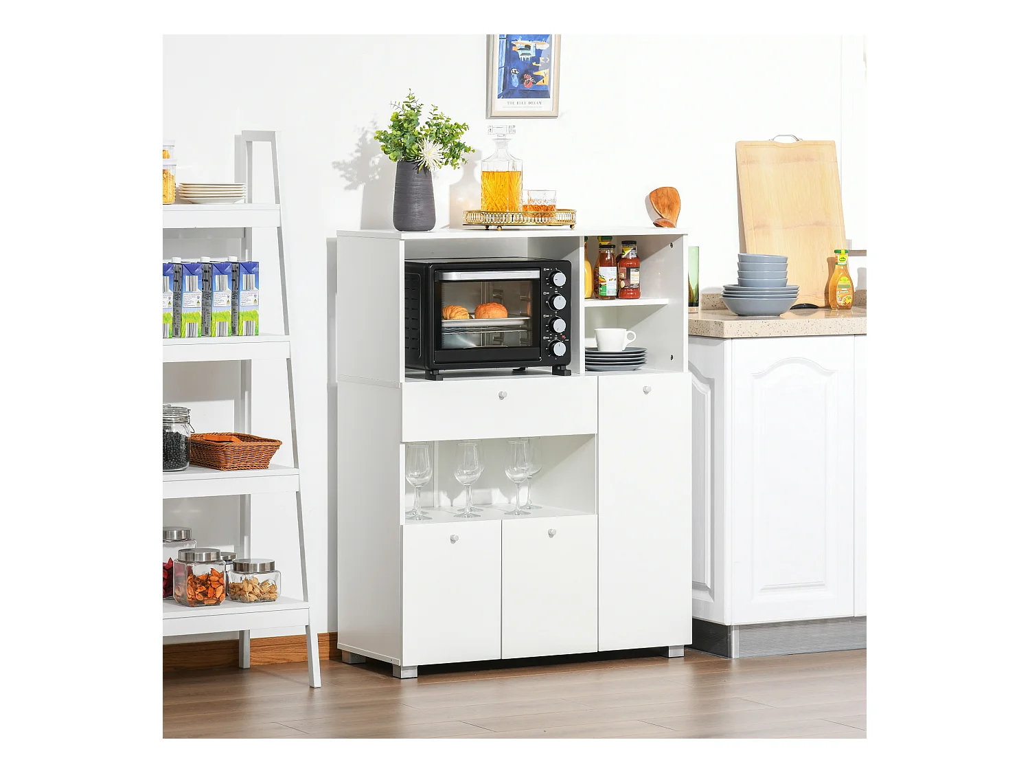 Meuble de cuisine multi-rangements 2 placards 4 niches tiroir coulissant dim. 90L x 40l x 120H cm panneaux particules blanc