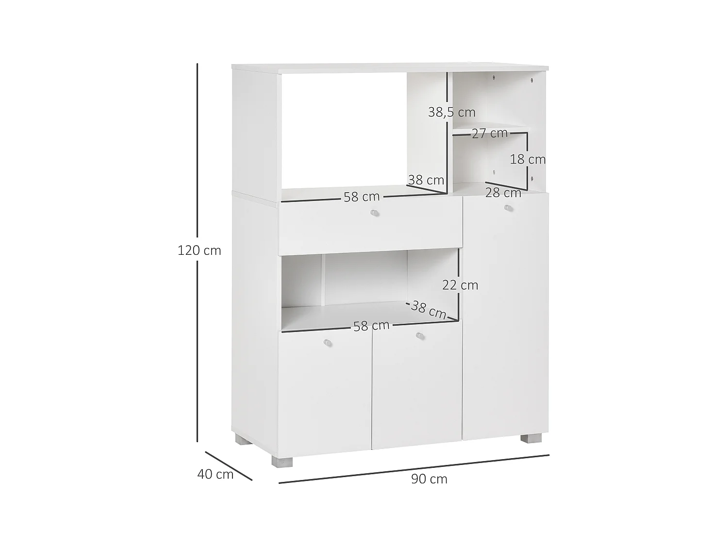 Meuble de cuisine multi-rangements 2 placards 4 niches tiroir coulissant dim. 90L x 40l x 120H cm panneaux particules blanc