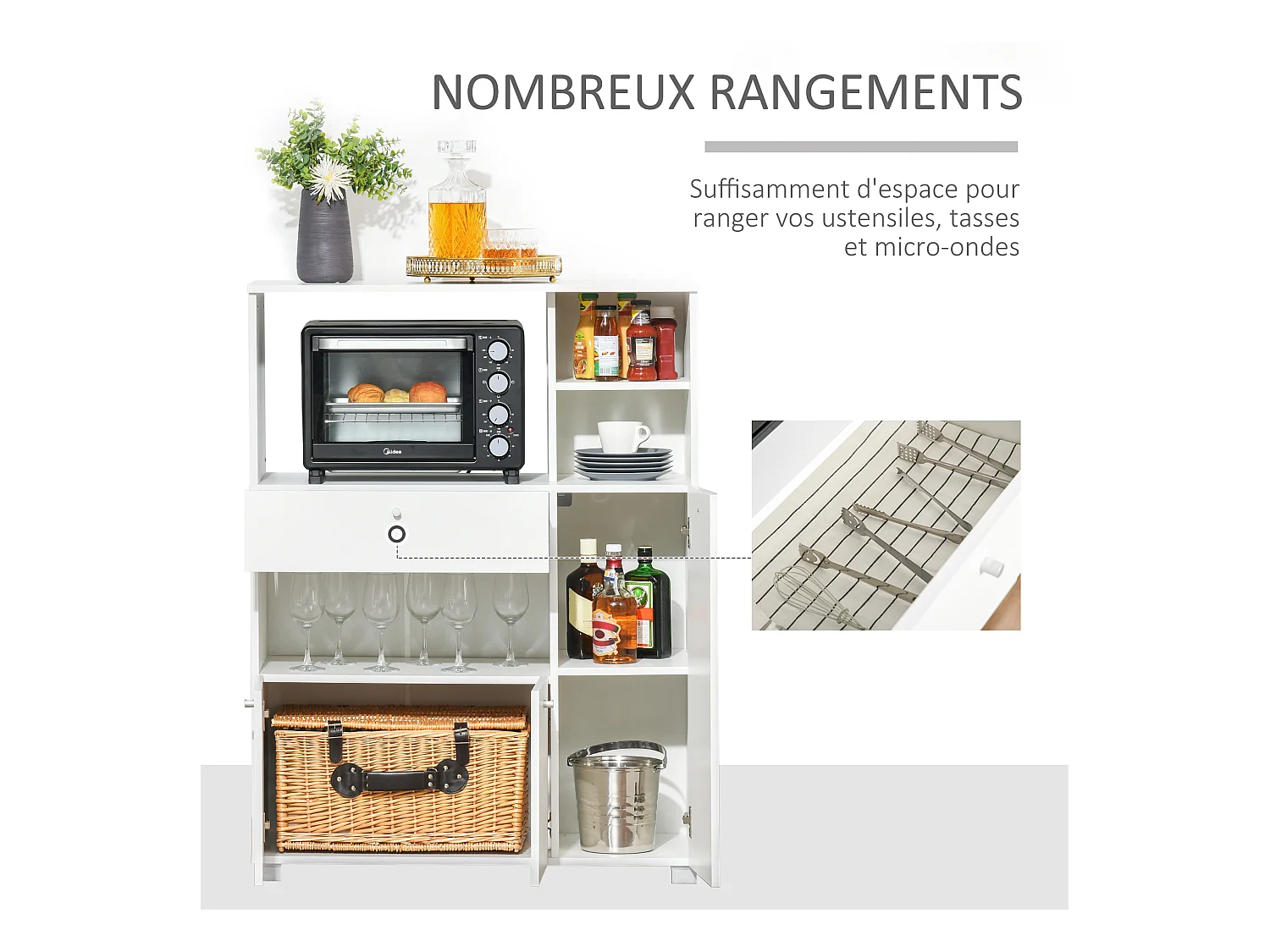 Meuble de cuisine multi-rangements 2 placards 4 niches tiroir coulissant dim. 90L x 40l x 120H cm panneaux particules blanc
