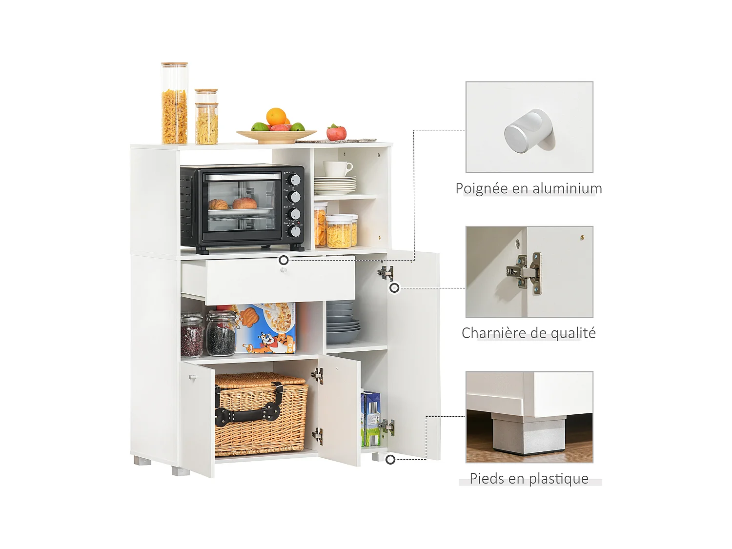 Meuble de cuisine multi-rangements 2 placards 4 niches tiroir coulissant dim. 90L x 40l x 120H cm panneaux particules blanc
