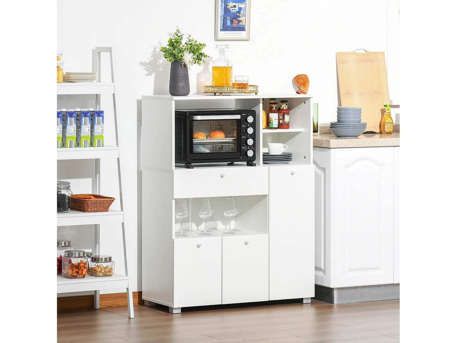 Meuble de cuisine multi-rangements 2 placards 4 niches tiroir coulissant dim. 90L x 40l x 120H cm panneaux particules blanc