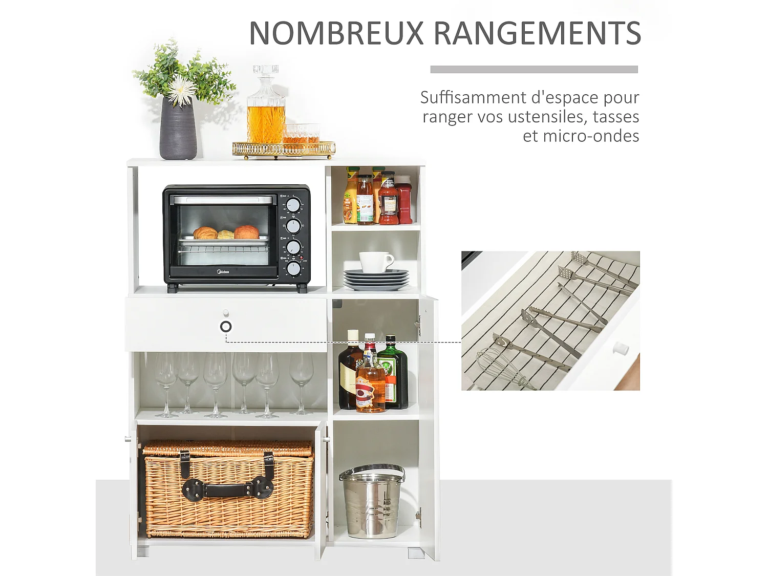 Meuble de cuisine multi-rangements 2 placards 4 niches tiroir coulissant dim. 90L x 40l x 120H cm panneaux particules blanc
