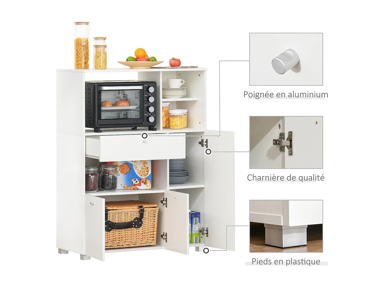 Meuble de cuisine multi-rangements 2 placards 4 niches tiroir coulissant dim. 90L x 40l x 120H cm panneaux particules blanc