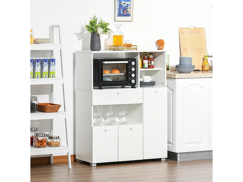 Meuble de cuisine multi-rangements 2 placards 4 niches tiroir coulissant dim. 90L x 40l x 120H cm panneaux particules blanc