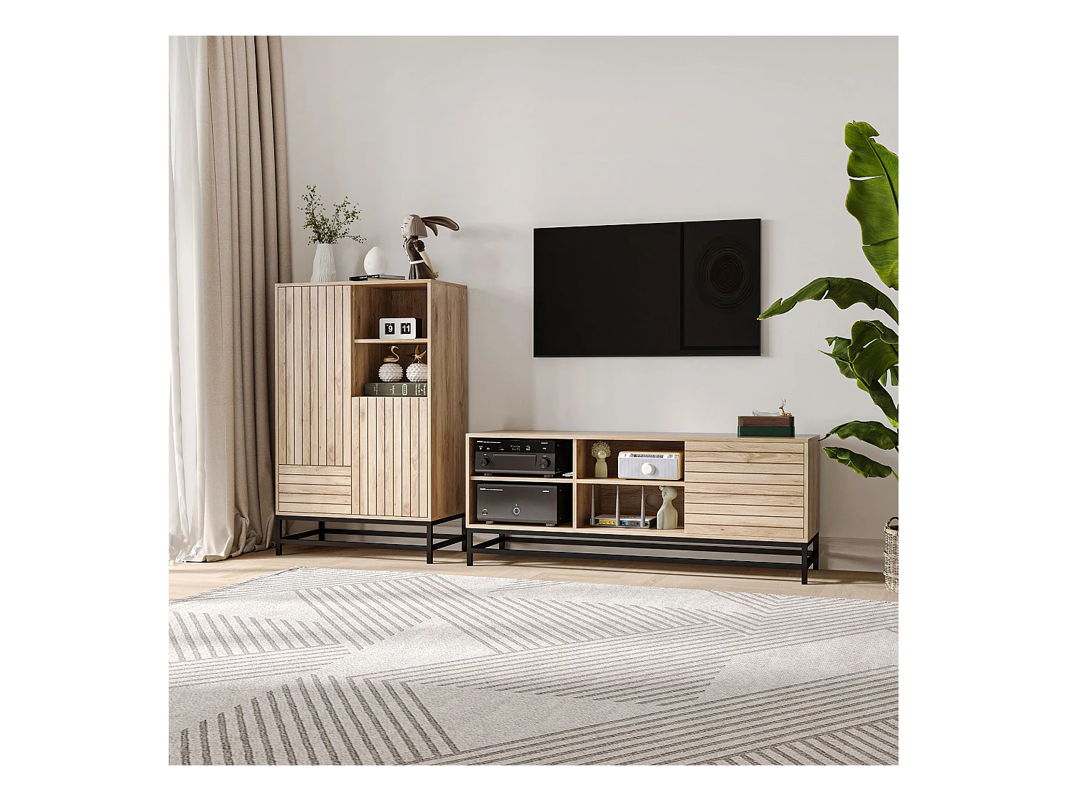 Buffet haut design Urban Craft - 2 portes avec étagère, 2 niches, tiroir - piètement acier noir - MDF aspect bois clair