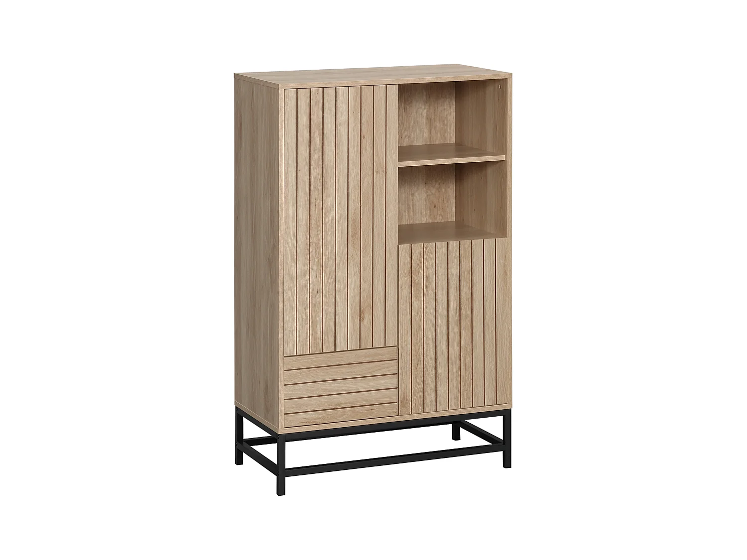 Buffet haut design Urban Craft - 2 portes avec étagère, 2 niches, tiroir - piètement acier noir - MDF aspect bois clair