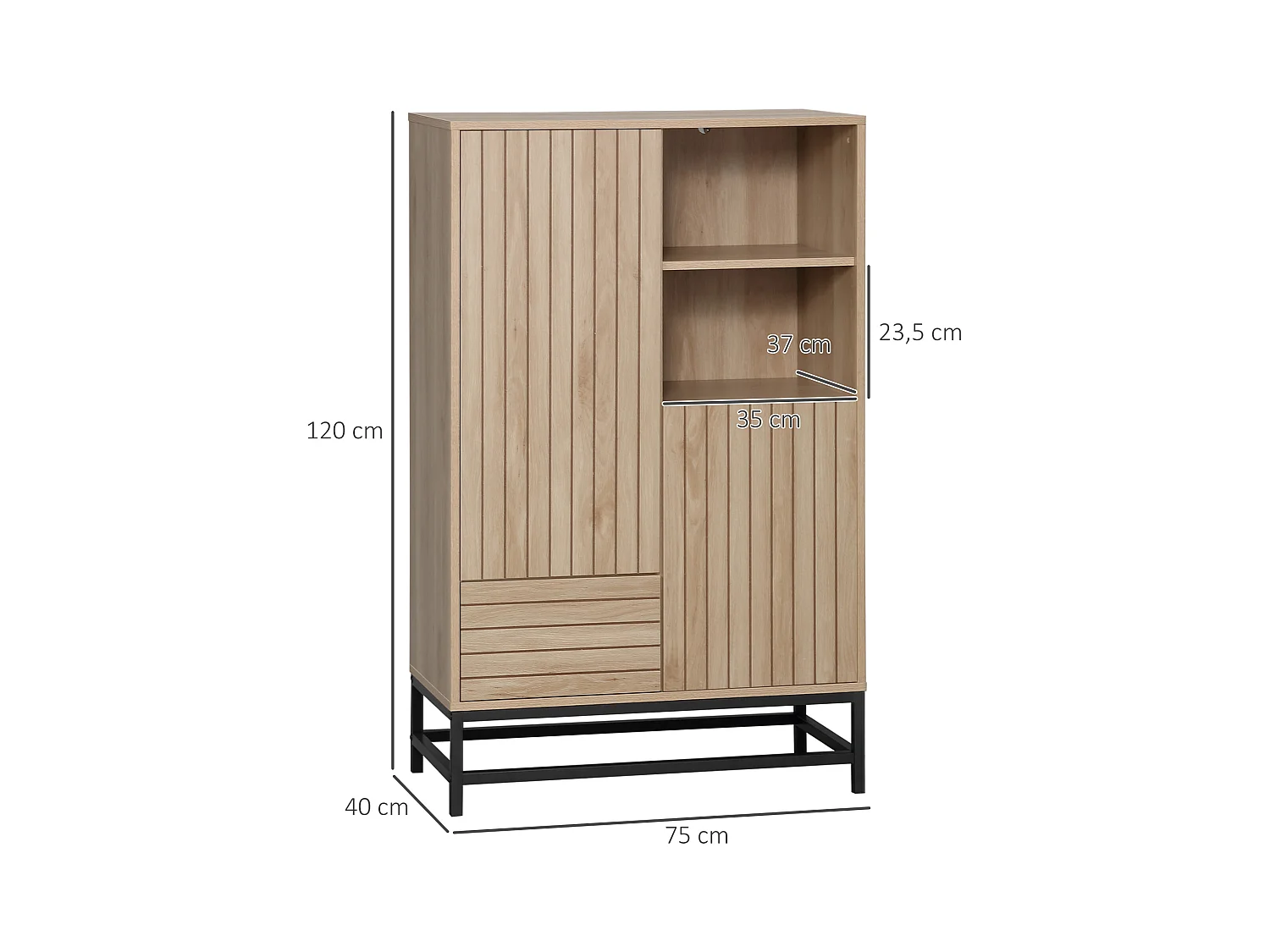 Buffet haut design Urban Craft - 2 portes avec étagère, 2 niches, tiroir - piètement acier noir - MDF aspect bois clair