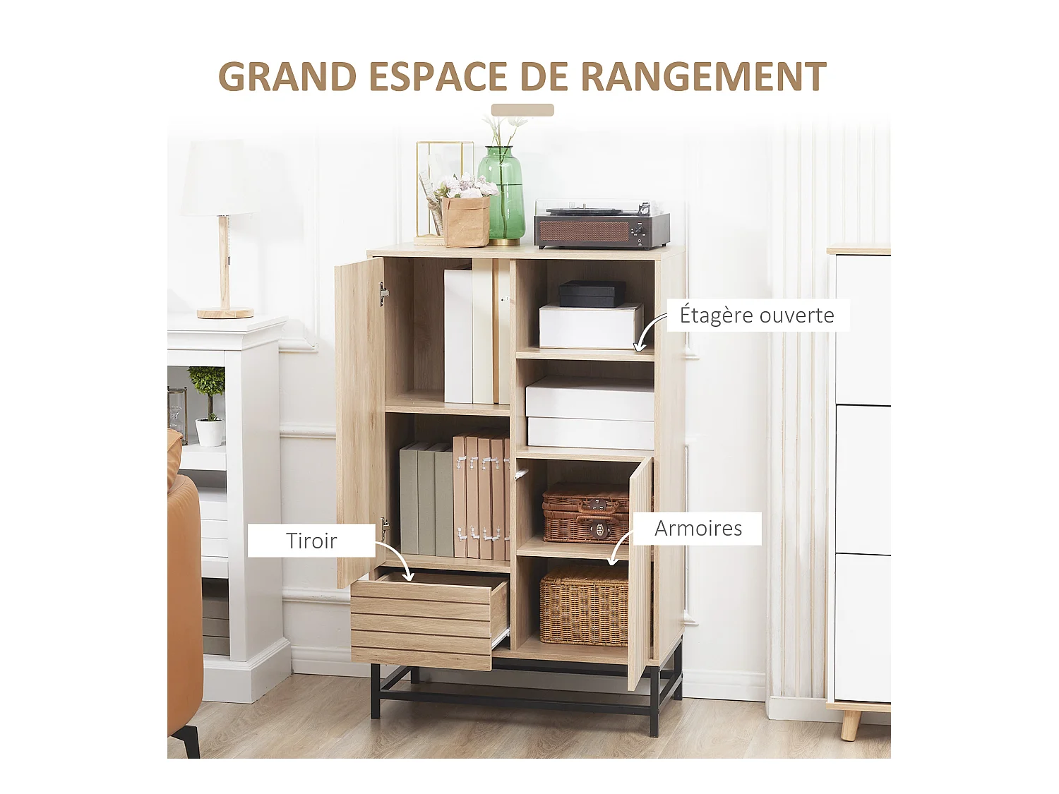Buffet haut design Urban Craft - 2 portes avec étagère, 2 niches, tiroir - piètement acier noir - MDF aspect bois clair