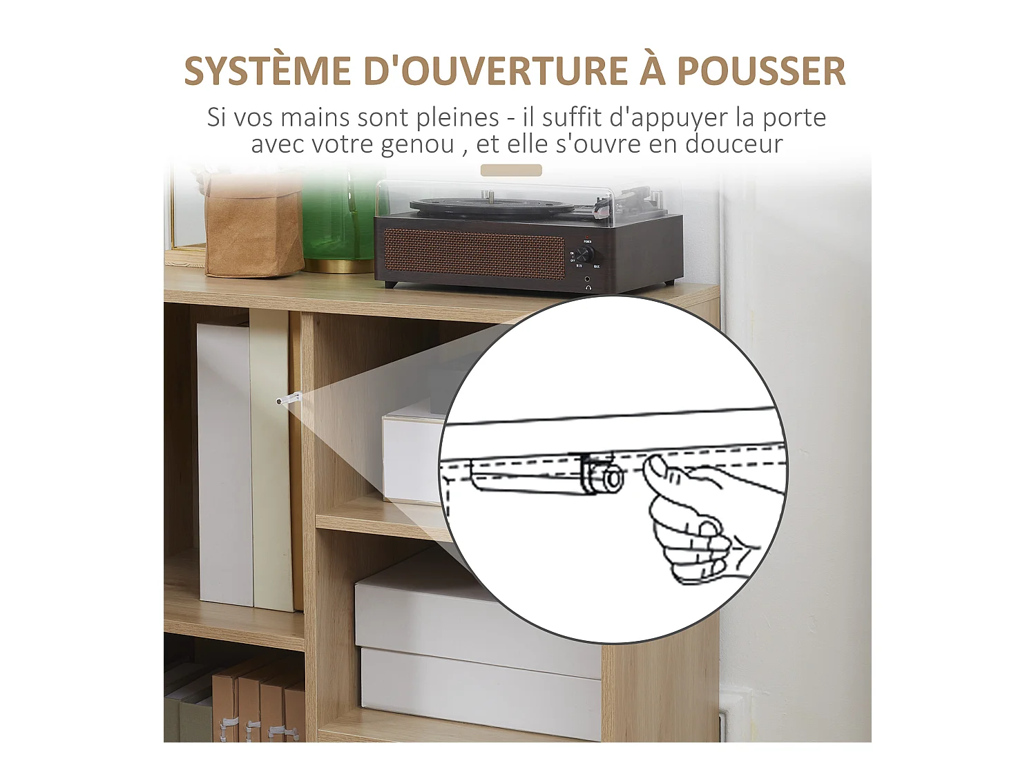 Buffet haut design Urban Craft - 2 portes avec étagère, 2 niches, tiroir - piètement acier noir - MDF aspect bois clair