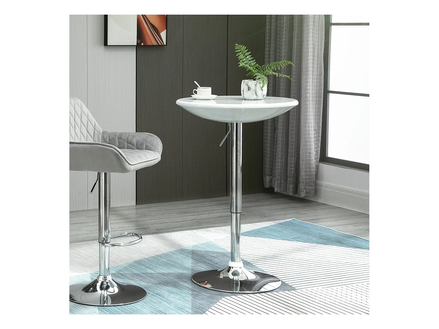 Table de bar ronde - table bistro chic style contemporain - piètement acier métal chromé plateau ABS pivotant 360° blanc