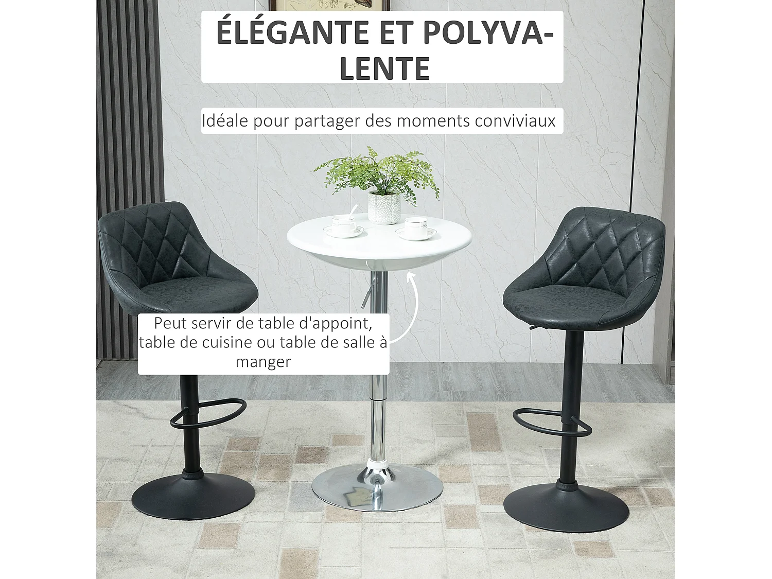 Table de bar ronde - table bistro chic style contemporain - piètement acier métal chromé plateau ABS pivotant 360° blanc