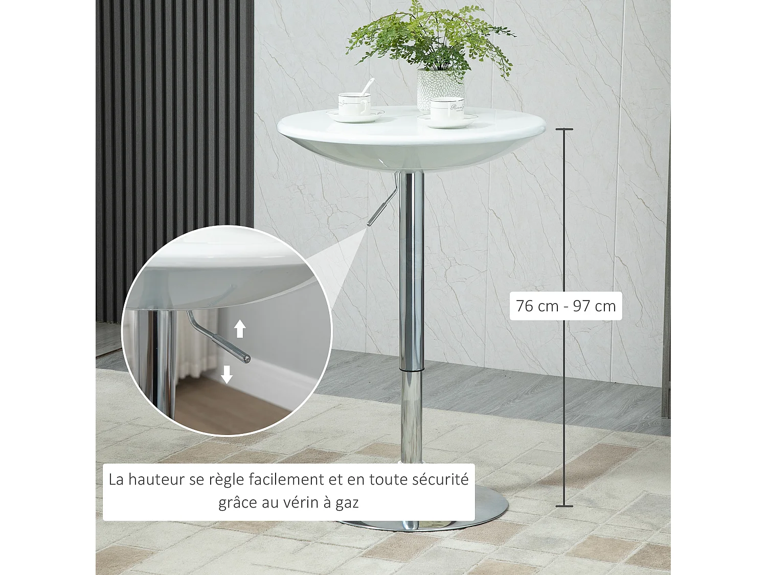 Table de bar ronde - table bistro chic style contemporain - piètement acier métal chromé plateau ABS pivotant 360° blanc