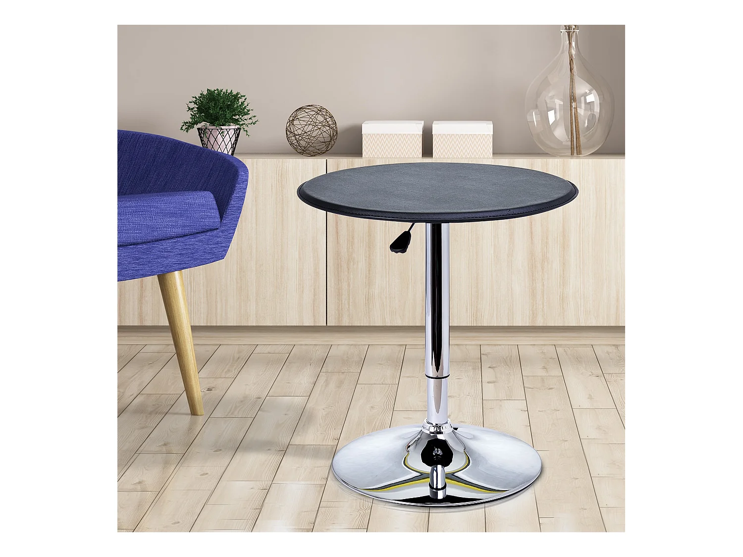 Table de bar table bistro chic style contemporain table ronde hauteur réglable 67-93 cm Ø 63 cm plateau pivotant 360° métal chromé PVC noir
