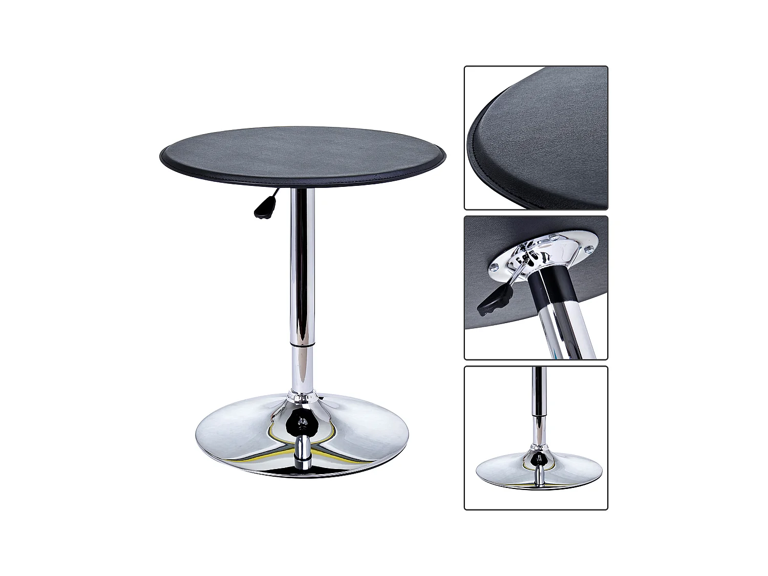 Table de bar table bistro chic style contemporain table ronde hauteur réglable 67-93 cm Ø 63 cm plateau pivotant 360° métal chromé PVC noir