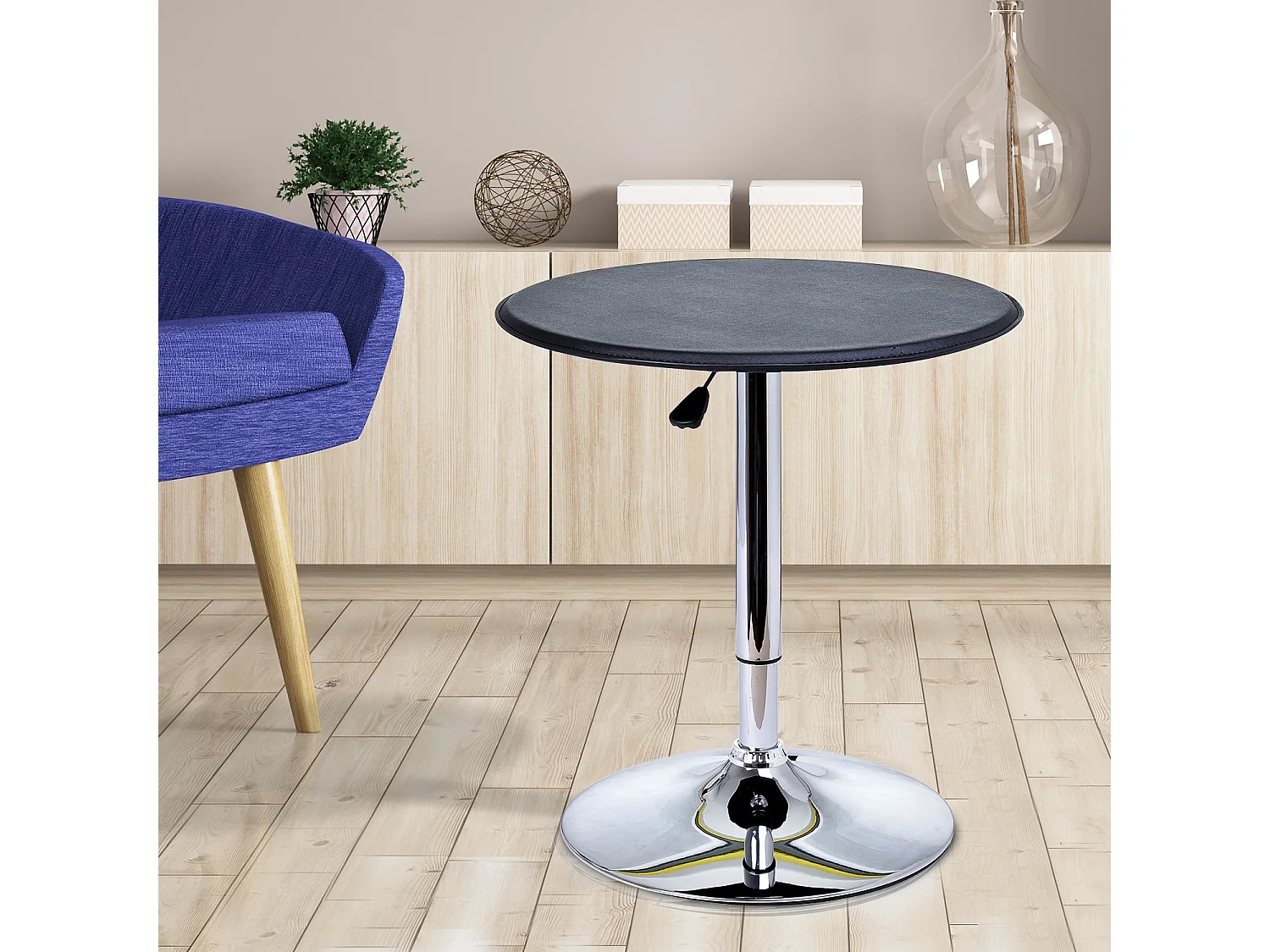 Table de bar table bistro chic style contemporain table ronde hauteur réglable 67-93 cm Ø 63 cm plateau pivotant 360° métal chromé PVC noir