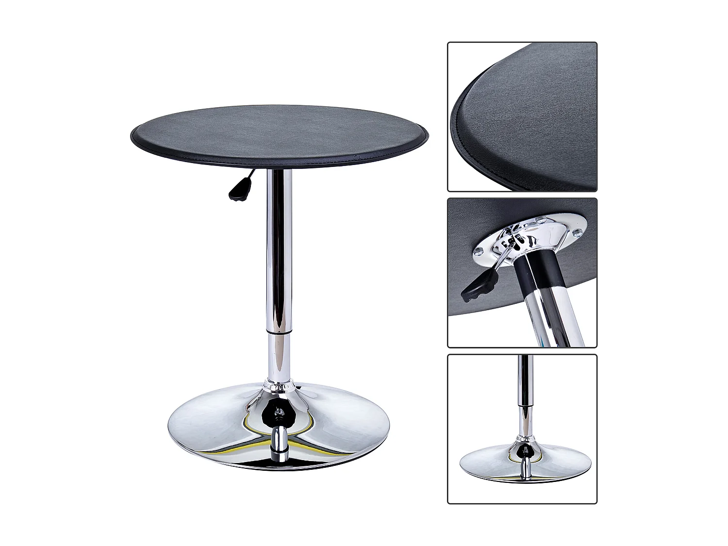 Table de bar table bistro chic style contemporain table ronde hauteur réglable 67-93 cm Ø 63 cm plateau pivotant 360° métal chromé PVC noir