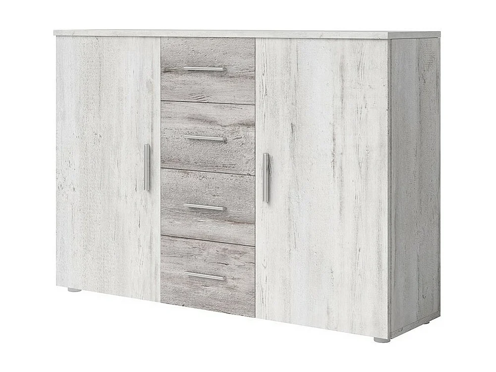 Cômoda com 2 portas e 4 gavetas de 130cm. Coleção IRINA em imitação de madeira cinza claro e cinza escuro.