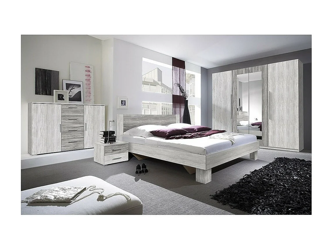 Cômoda com 2 portas e 4 gavetas de 130cm. Coleção IRINA em imitação de madeira cinza claro e cinza escuro.