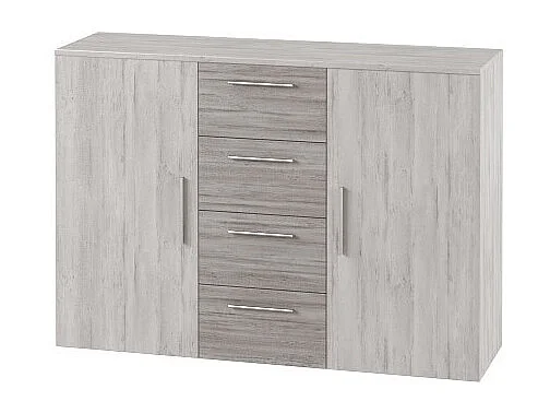 Cômoda com 2 portas e 4 gavetas de 130cm. Coleção IRINA em imitação de madeira cinza claro e cinza escuro.
