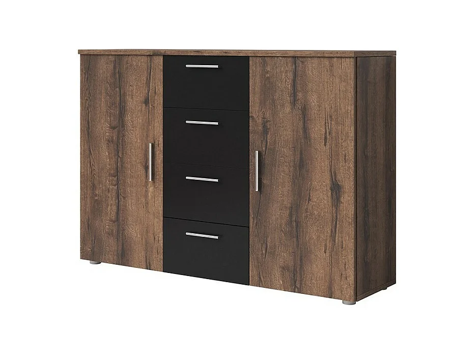 Commode 2 portes et 4 tiroirs 130cm. Collection IRINA imitation chêne foncé et noir.