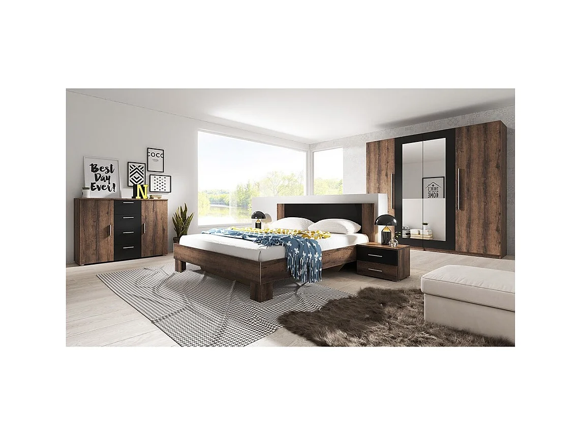 Commode 2 portes et 4 tiroirs 130cm. Collection IRINA imitation chêne foncé et noir.