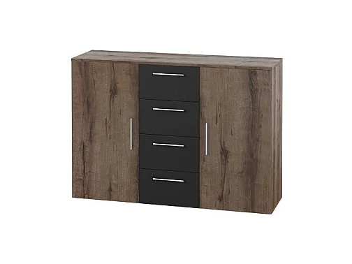 Commode 2 portes et 4 tiroirs 130cm. Collection IRINA imitation chêne foncé et noir.