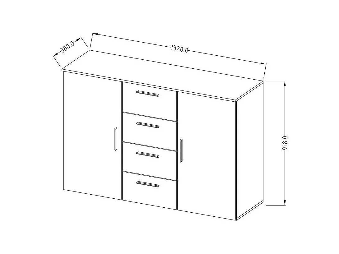 Commode 2 portes et 4 tiroirs 130cm. Collection IRINA imitation chêne foncé et noir.