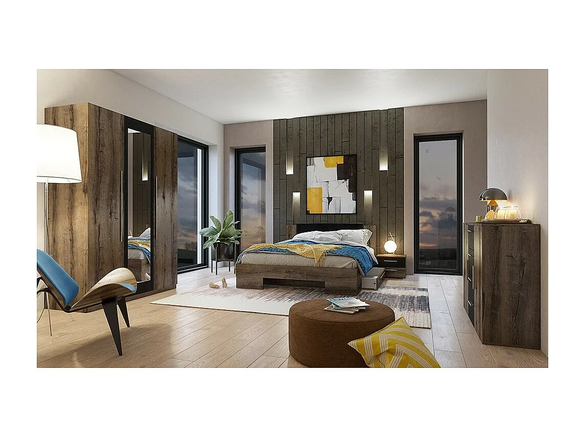 Cômoda com 2 portas e 4 gavetas de 130cm. Coleção IRINA em imitação de carvalho escuro e preto.