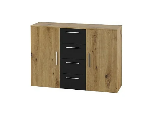 Kommode mit 2 Türen und 4 Schubladen 130cm. Kollektion IRINA in Nachbildung von hellem Eichenholz und Schwarz.