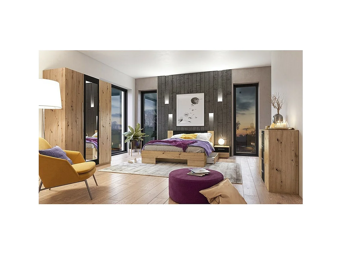 Kommode mit 2 Türen und 4 Schubladen 130cm. Kollektion IRINA in Nachbildung von hellem Eichenholz und Schwarz.