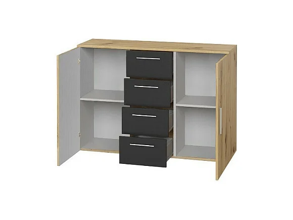 Kommode mit 2 Türen und 4 Schubladen 130cm. Kollektion IRINA in Nachbildung von hellem Eichenholz und Schwarz.