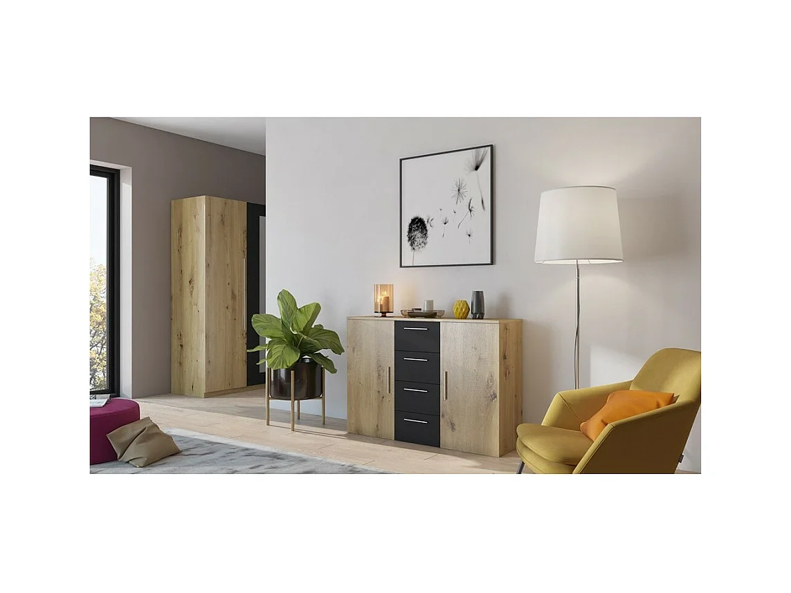 Kommode mit 2 Türen und 4 Schubladen 130cm. Kollektion IRINA in Nachbildung von hellem Eichenholz und Schwarz.