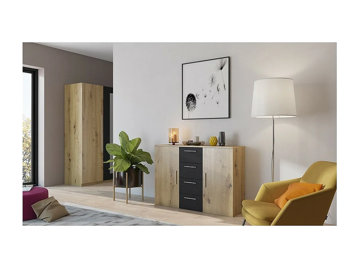 Cômoda com 2 portas e 4 gavetas de 130cm. Coleção IRINA imitação de carvalho claro e preto.