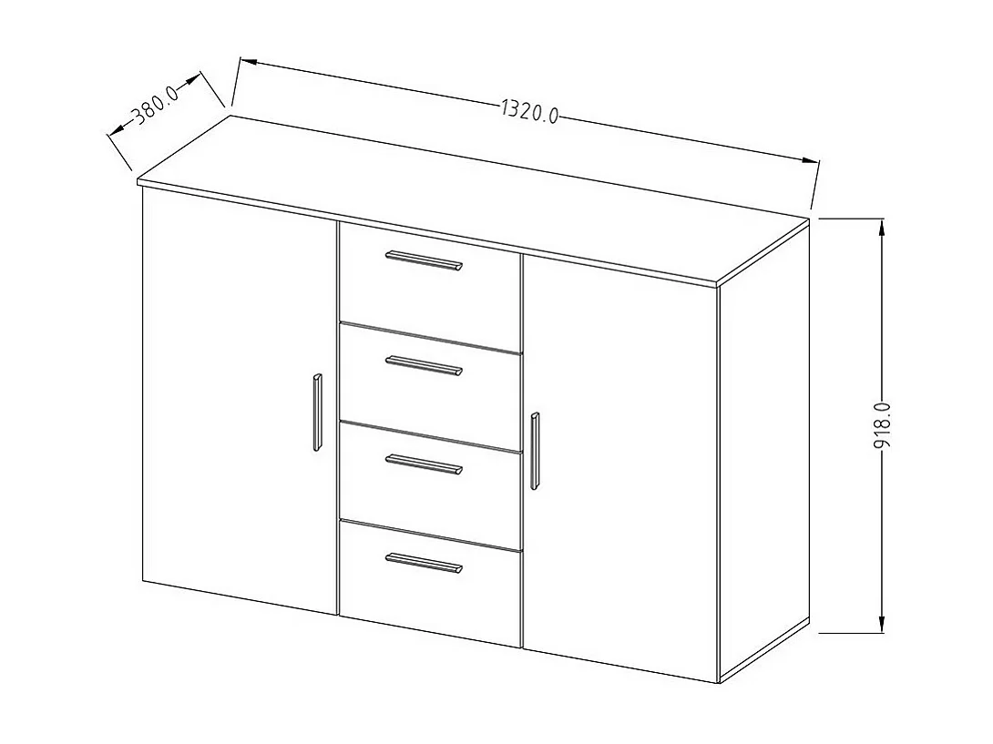 Cômoda com 2 portas e 4 gavetas de 130cm. Coleção IRINA imitação de carvalho claro e preto.