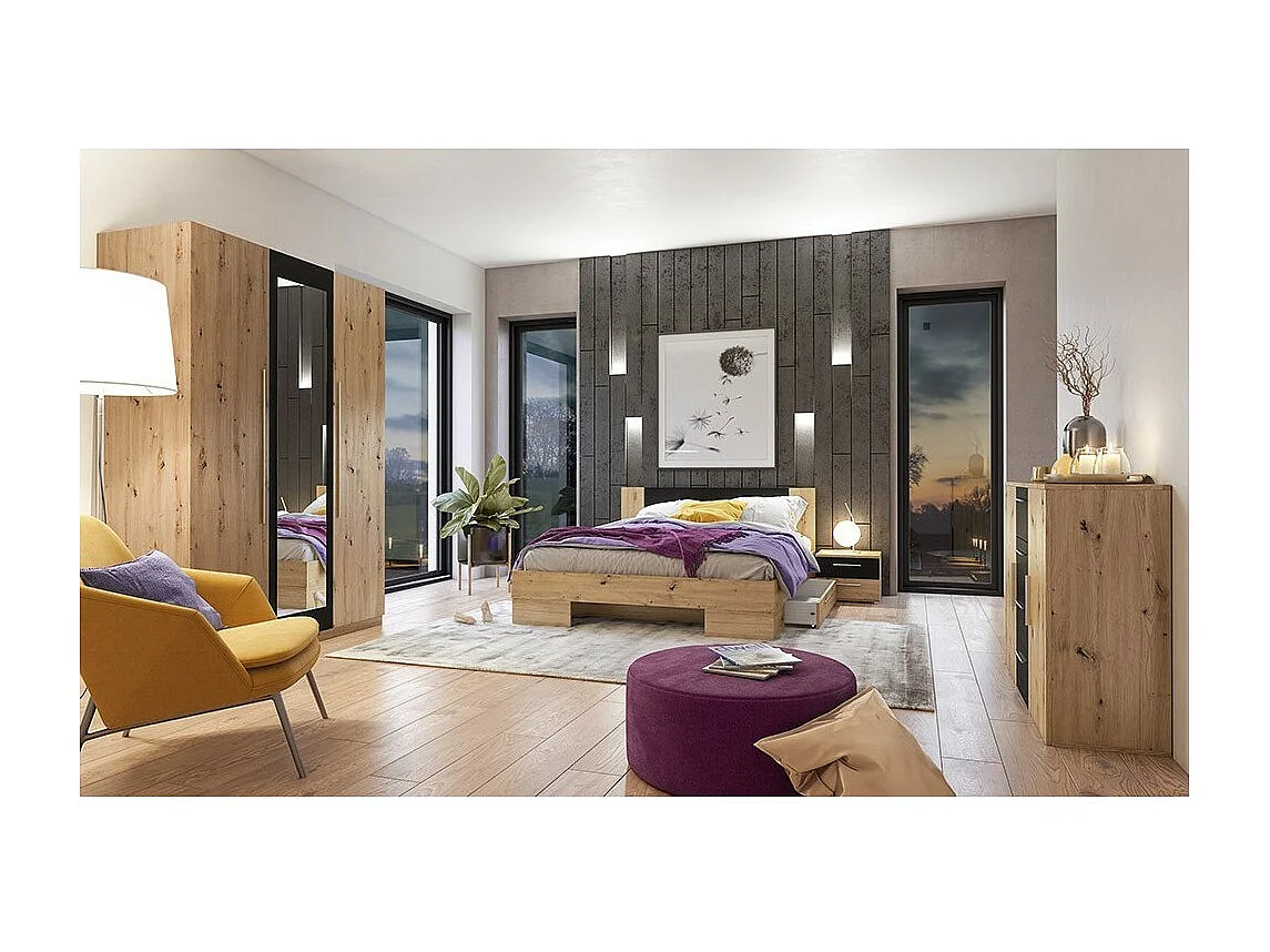 Cômoda com 2 portas e 4 gavetas de 130cm. Coleção IRINA imitação de carvalho claro e preto.